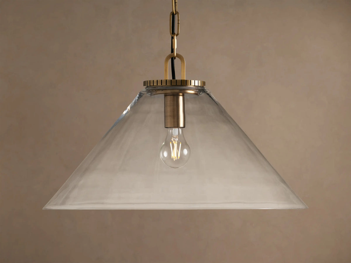 Large Wescott Cone Pendant with Chain in Brass with Clear Glass