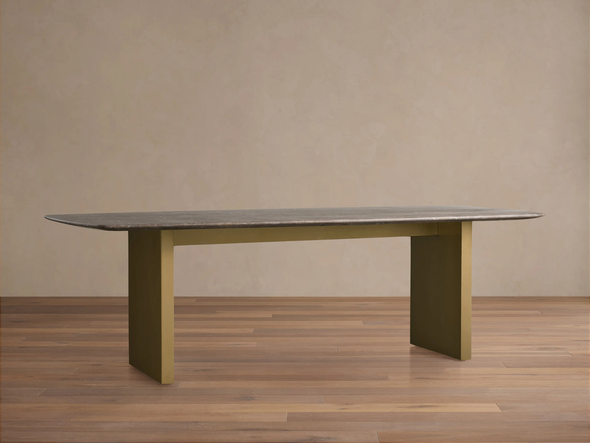 Stone tabletop of the Saint Germain Dining Table, espresso brown color with natural veining and unique pattern variations, close-up view.