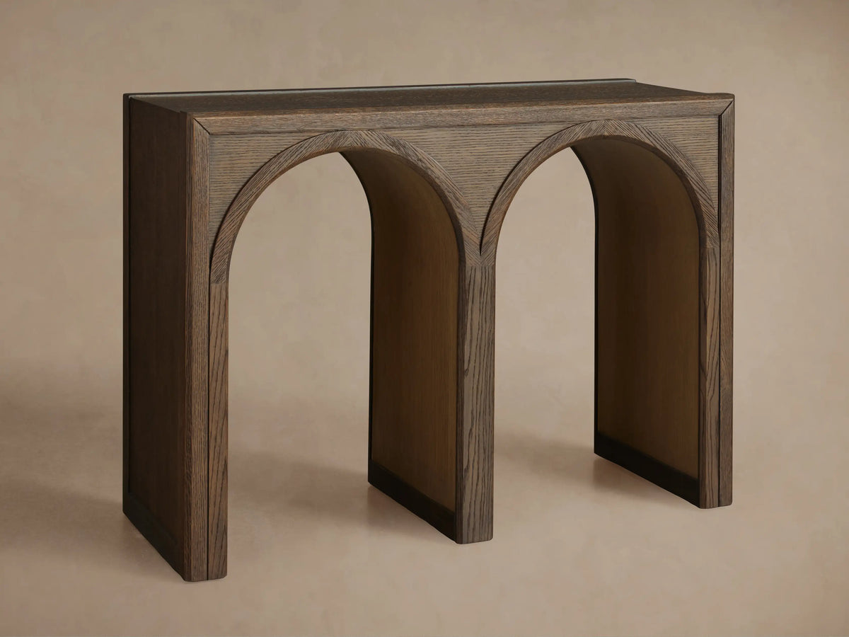 Hattie Console Table featuring close-up of arch interiors with contrasting finish, showcasing oak wood grain and texture.
