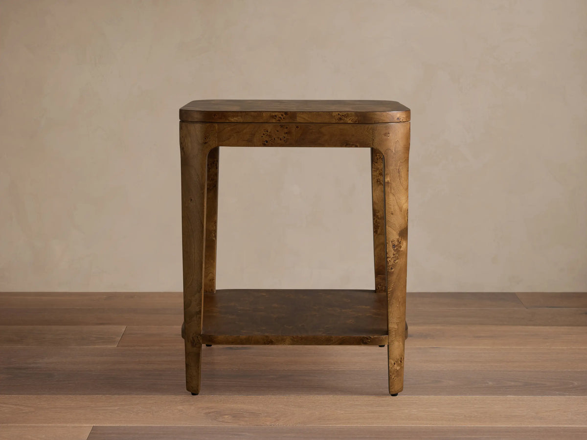 Top view of the Mogadore End Table, featuring a book-matched swirling mappa burl veneer top with rounded corners.