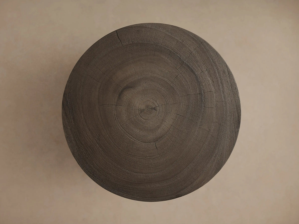 Toluca End Table with a smooth circular wooden top and rich brown grain detail, set against a neutral background.