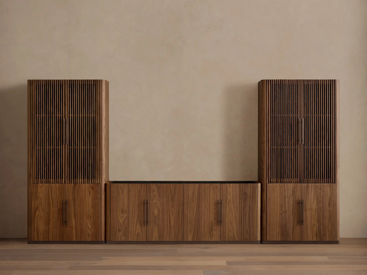 Piermont Modular Media Cabinet, rich brown walnut, left door open showing shelves and cord hole. Dark top and vertical handle.