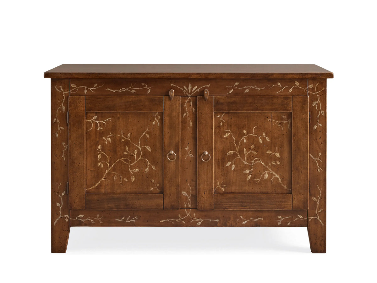 Stefania Buffet: Dark wood with hand-painted light vine decor. Left door ajar showing interior shelf with glasses & bowl.