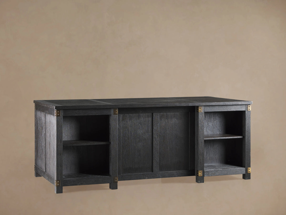 Telegraph Executive Desk in dark wood, showcasing open drawers with brass hardware, highlighting storage features and leather writing surface.