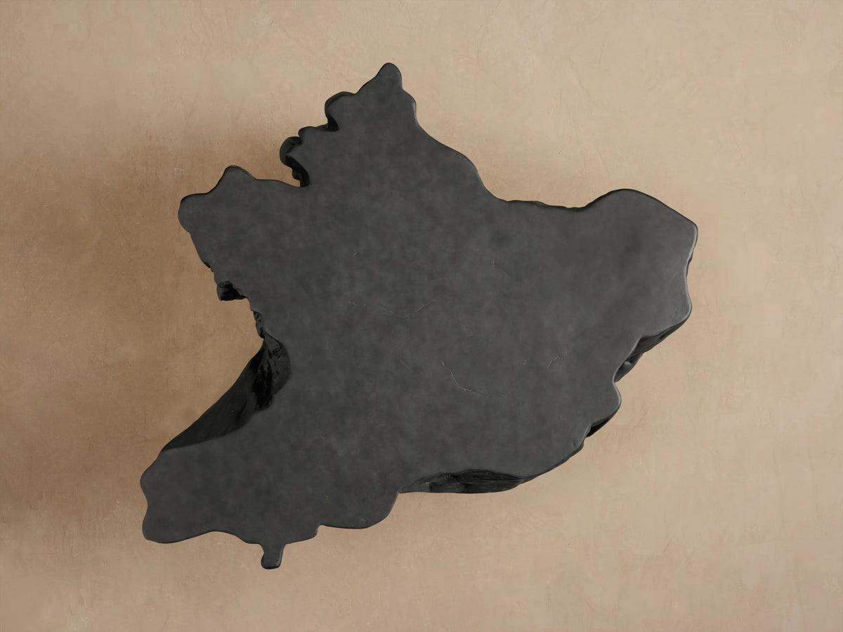 Close-up of a dark gray Root Outdoor Coffee Table, showing its organic, irregular top and textured, root-like sides.