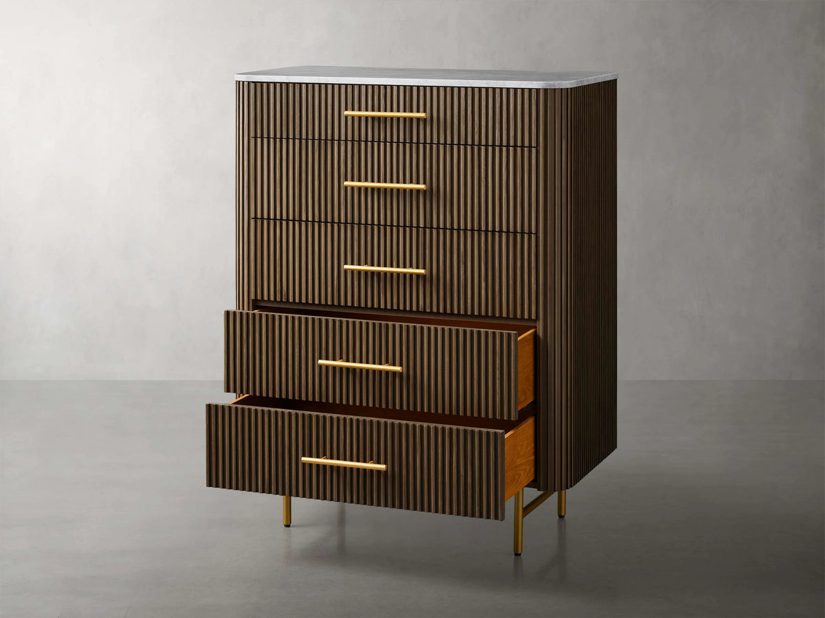 Finnley Wood Five-Drawer Dresser with Marble Top Drawer Chest Cabinet