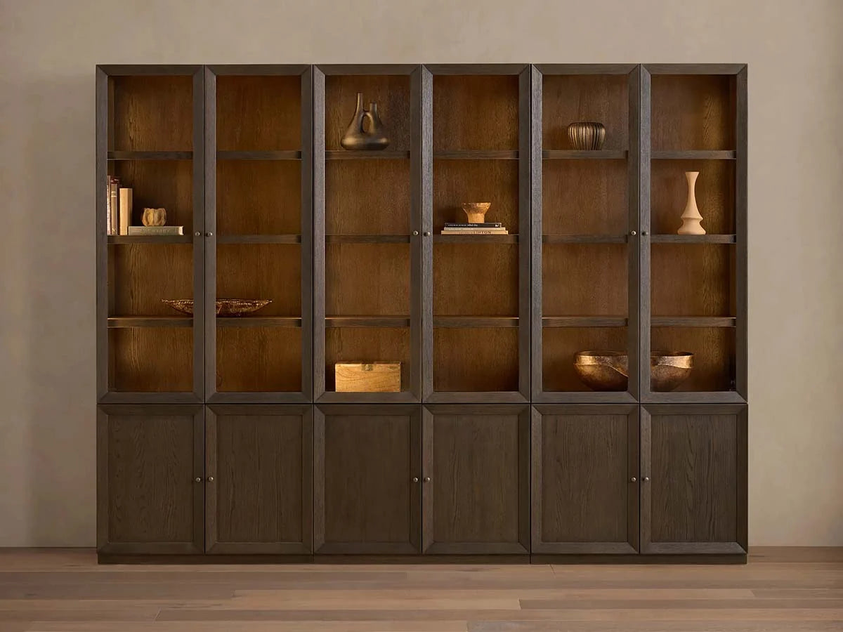 Nason Modular Glass Display Cabinets Oak Wood Tall Cabinets Large Bookcase with Integrated LED Lighting