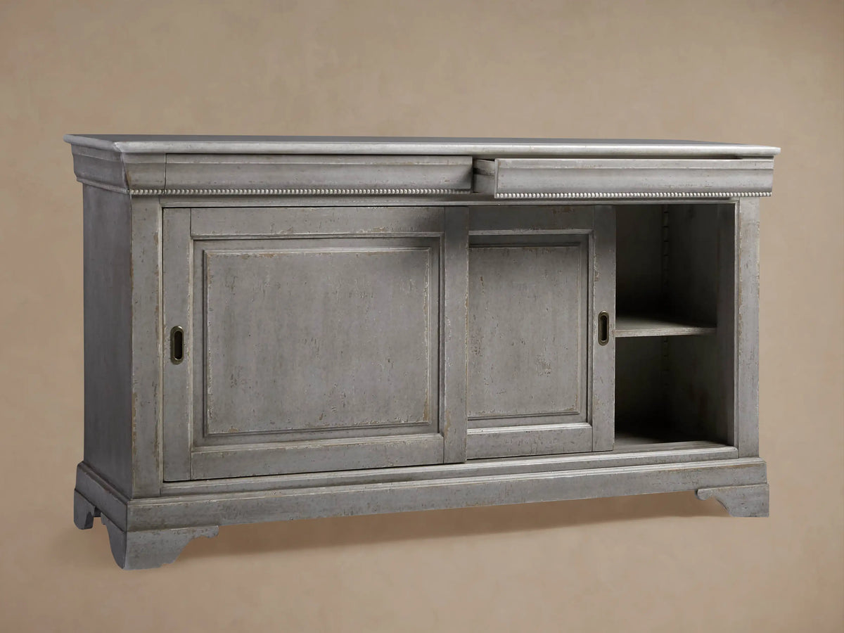 Close-up of Giada Bell'Arte Console corner. Distressed antique grey finish with rounded top and decorative beaded trim.