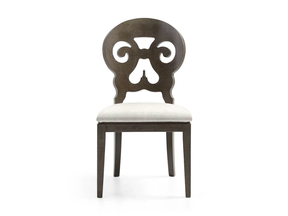 Jordan Bell'Arte Dining Chair with a scroll-accented, steam-bent backrest in dark wood finish, cream padded seat, on solid legs.