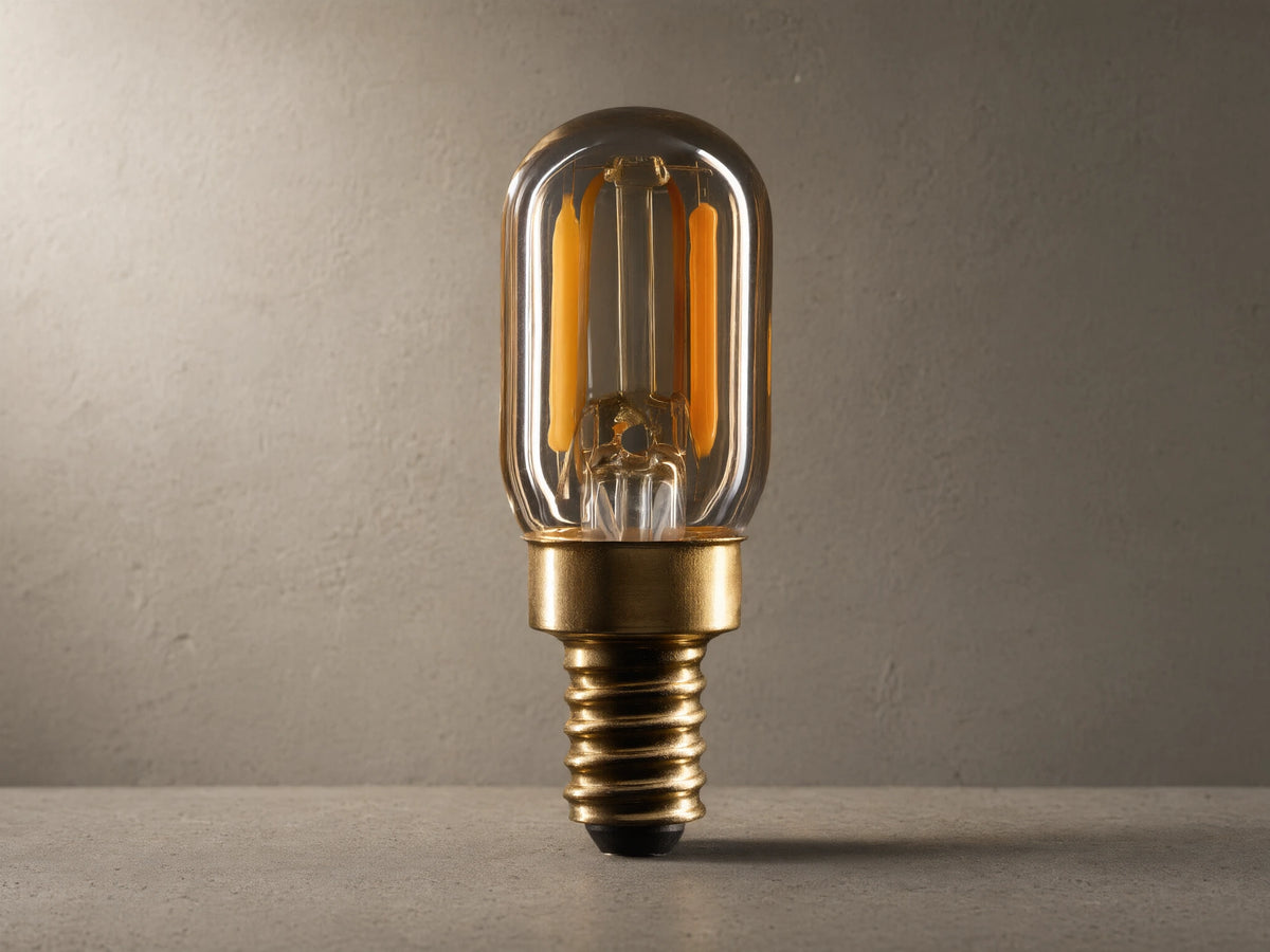 Amber glass LED T22 Filament bulb with E12 base, vertically oriented. Bulb glows with warm light, gold screw base.