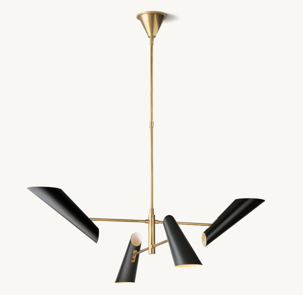 Sculptural Black Shade Brass Chandelier