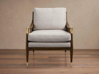 Fisher Cane Back Chair with a mocha-finished red oak frame, light gray cushioned seat and back, gold-tipped legs on wood floor.