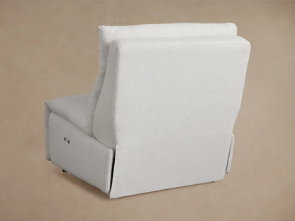 Rowland Tailored 34" armless motion recliner, light gray fabric, fully reclined with footrest extended, side view.