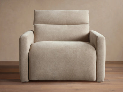 Rowland Tailored High-Back Motion Recliner in light beige woven fabric, shown from front with clean lines on wood floor.