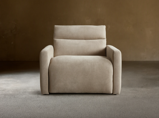 Rowland Tailored High-Back Motion Recliner in light beige woven fabric, shown from front with clean lines on wood floor.