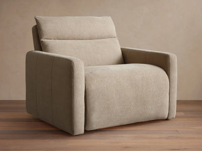 Rowland Tailored High-Back Motion Recliner in light beige woven fabric, shown from front with clean lines on wood floor.