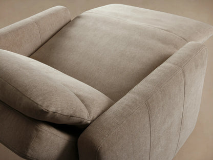 Rowland Tailored High-Back Motion Recliner, light beige textured fabric, close-up with distinct stitching & two metal buttons.