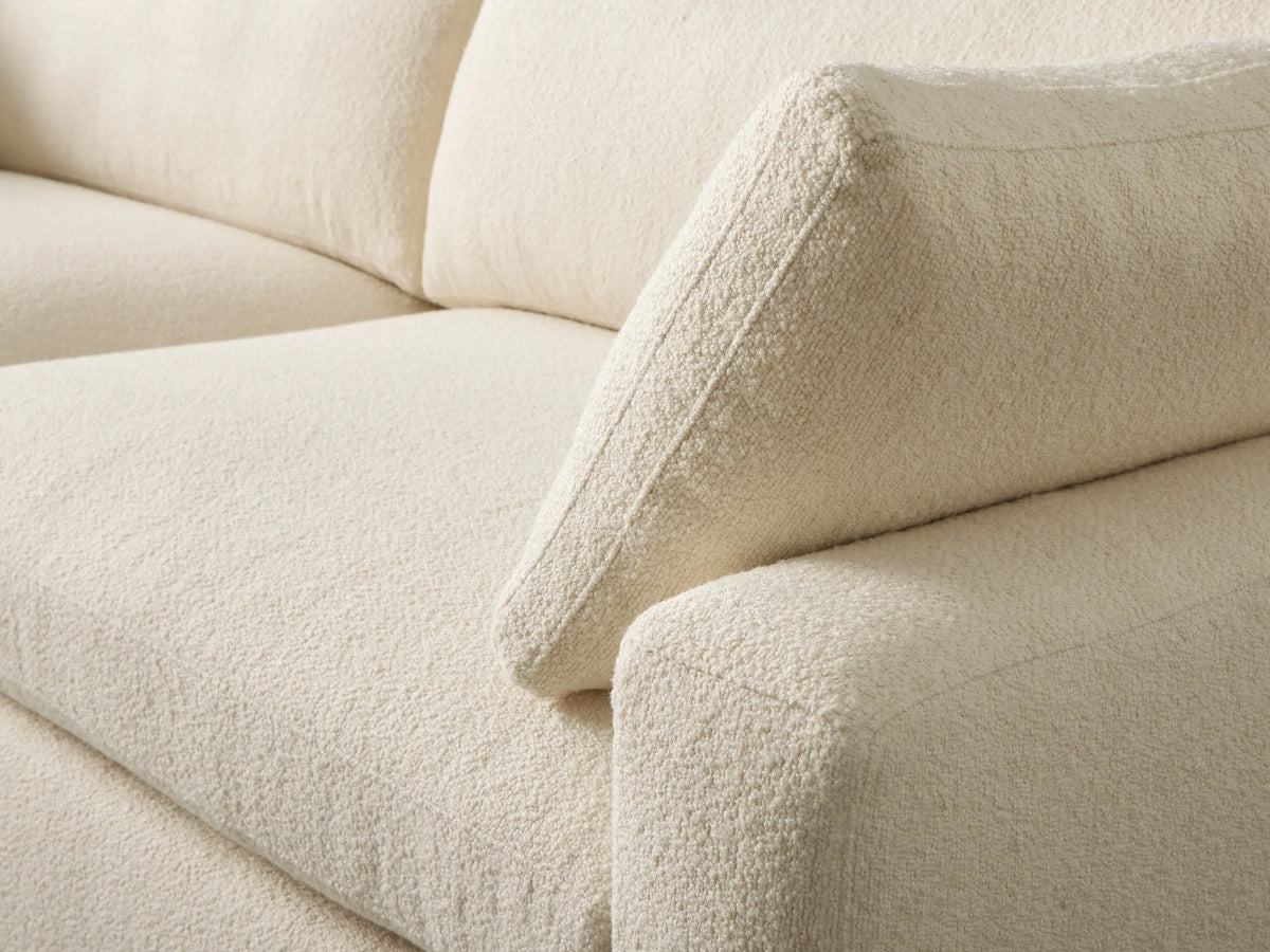 Cream Beale Sofa, textured fabric, with wide squared arms, two seat cushions, two back cushions & small arm pillows.