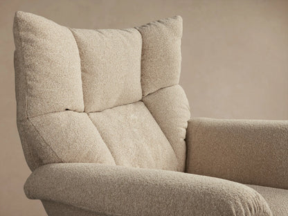 Deacon Swivel Recliner in beige fabric, showcasing armrest, seat, and visible side lever against a neutral background.