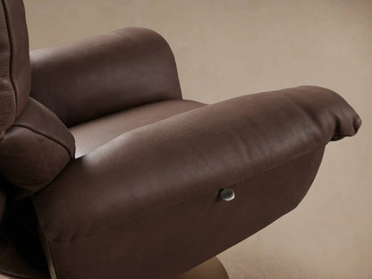 Deacon Leather Swivel Recliner in chocolate brown leather with plush padding, wide armrests, and a bronze swivel base on wood floor.