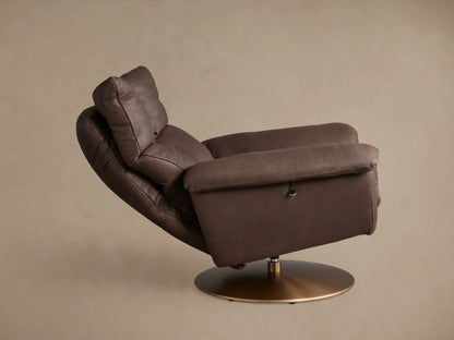Deacon Leather Swivel Recliner in dark brown leather with plush cushioning, showcasing detailed stitching and a padded armrest.
