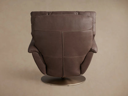 Deacon Leather Swivel Recliner in brown leather, rear view. Features plush cushioning and a bronze circular base.