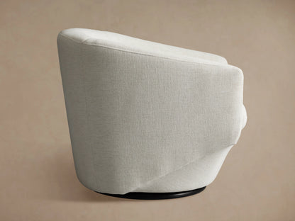 Pelton Swivel Chair with light beige fabric, showcasing curved armrests and plush seat cushion, against a neutral background.