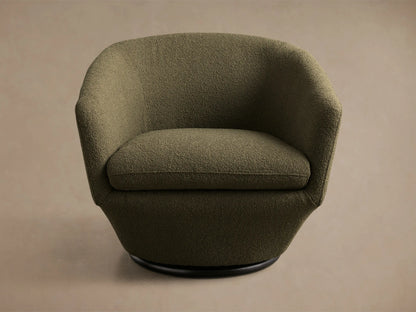 Front view of an olive green textured Pelton Swivel Chair with rounded back and arms, on a black swivel base.