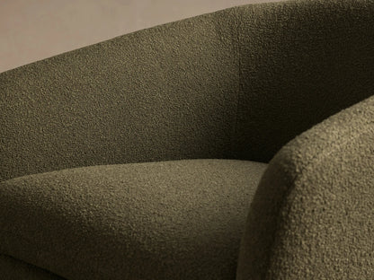 Front view of a forest green textured Pelton Swivel Chair, with a deep seat, curved arms, and a black round swivel base.
