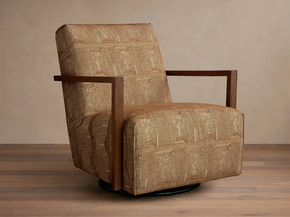 Front view of the Walsh Swivel Glider with tan geometric patterned upholstery, dark wooden armrests, and a black swivel base.