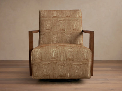Front view of the Walsh Swivel Glider with tan geometric patterned upholstery, dark wooden armrests, and a black swivel base.