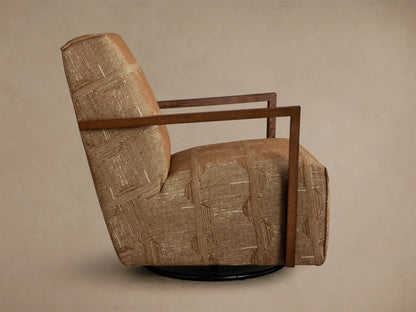 Rear-side view of the brown Walsh Swivel Glider, upholstered in a cream geometric line pattern, with dark wood armrests and a black swivel base.