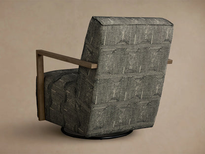 Close-up of the Walsh Swivel Glider's light brown wooden armrest, with black and off-white linear patterned fabric cushions.