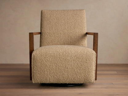 Front view of the beige textured Walsh Swivel Glider with dark brown wooden armrests and a black swivel base.