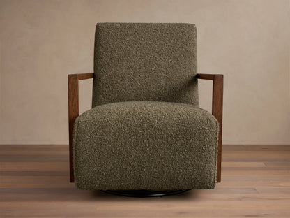 Front three-quarter view of a green textured Walsh Swivel Glider with dark wood L-shaped armrests and a black swivel base.