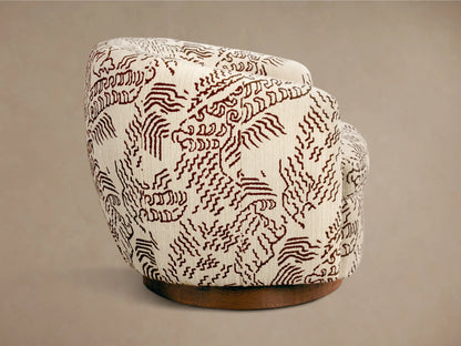 Rear view of the Cream Cerrito Swivel Chair, upholstered in fabric with a brown abstract wavy pattern, on a dark brown wooden swivel base.