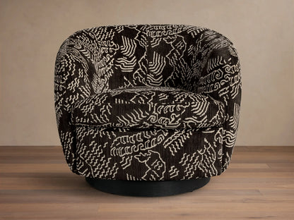 Front view of the dark brown Cerrito Swivel Chair with a white abstract pattern, featuring a black round swivel base.
