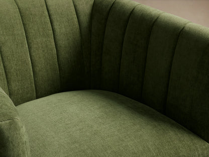 Griffin Swivel Chair in green fabric, featuring a modern, rounded design with vertical tufting and a 360-degree swivel base.