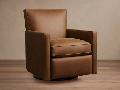 Rudy Leather Swivel Recliner in brown leather, featuring cushioned seat and backrest, square arms, and swivel base on wooden floor.