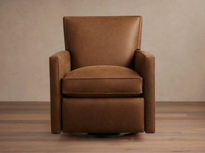 Rudy Leather Swivel Recliner in brown leather, featuring cushioned seat and backrest, square arms, and swivel base on wooden floor.