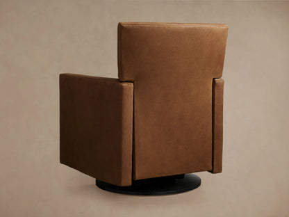 Rudy Leather Swivel Recliner in brown leather, side view. Features straight back, cushioned seat, and black swivel base on neutral background.