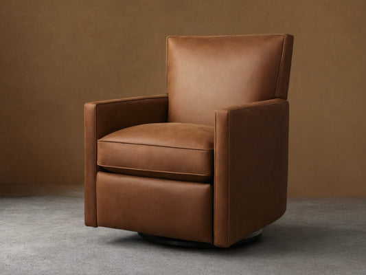 Rudy Leather Swivel Recliner in brown leather, featuring cushioned seat and backrest, square arms, and swivel base on wooden floor.