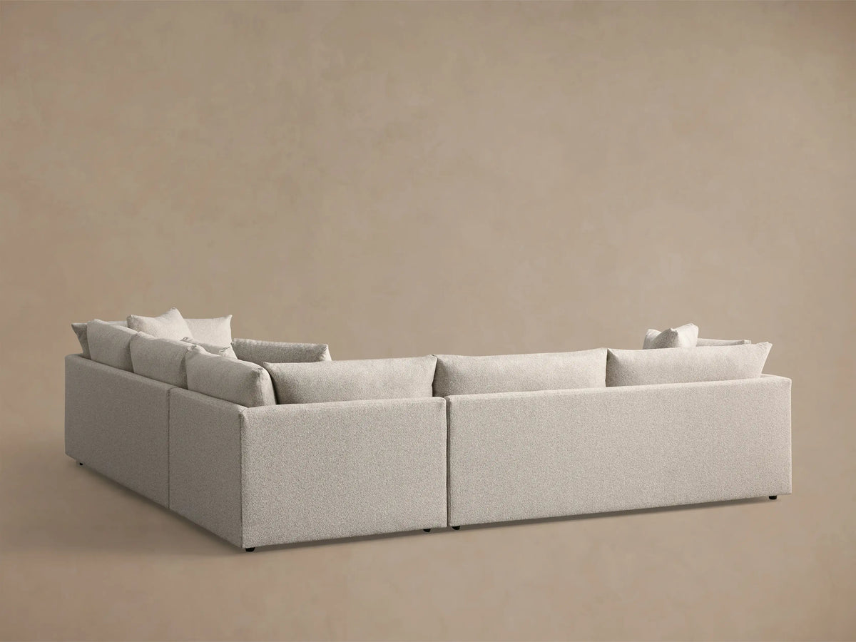 Pavo Three Piece Corner Sectional in light beige, textured fabric. Close-up shows plush seat & back cushions.