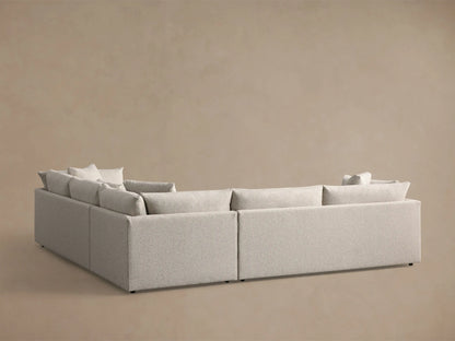 Pavo Three Piece Corner Sectional in light beige, textured fabric. Close-up shows plush seat & back cushions.