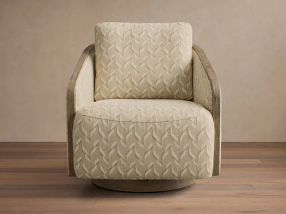 Front-right view of the beige Pomona Swivel Chair, featuring exposed oak arms and an oak swivel base.