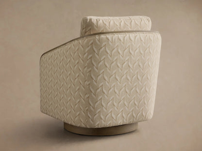 Angled view of the light beige Pomona Swivel Chair with a subtle leaf pattern, featuring curved exposed oak armrests.