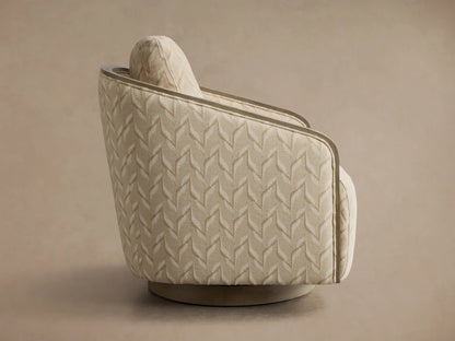 Rear view of the light beige Pomona Swivel Chair, featuring a subtle leaf pattern, exposed oak arm edges, and a round wooden swivel base.
