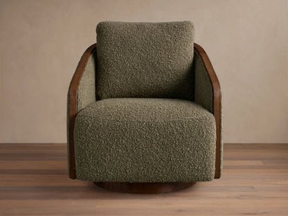 Front-side view of a neutral beige Pomona Swivel Chair with exposed dark oak edges, sitting on a light rug in a living room.