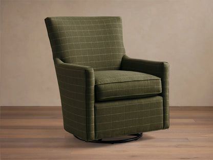 Front view of the green windowpane plaid Walton Swivel Glider with a high back and black circular base.