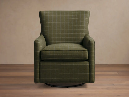 Front view of the green windowpane plaid Walton Swivel Glider with a high back and black circular base.